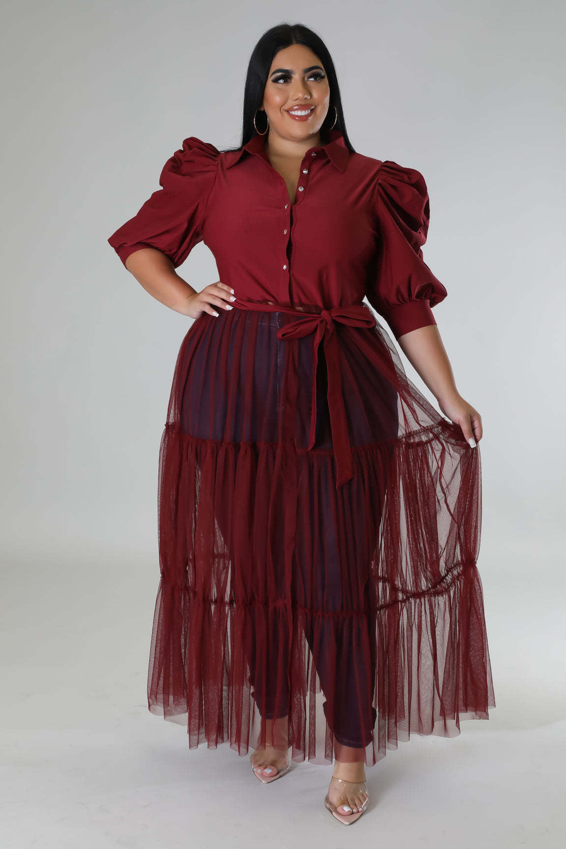 Plus Size Women Chiffon Puff Sleeve Mesh Patchwork Ruched Dress 5