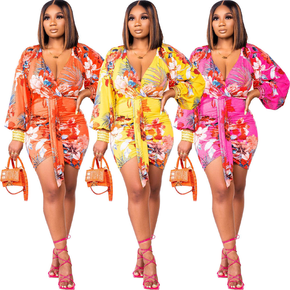 Fall V-Neck Positioning Print Long Sleeve Bodycon Dress