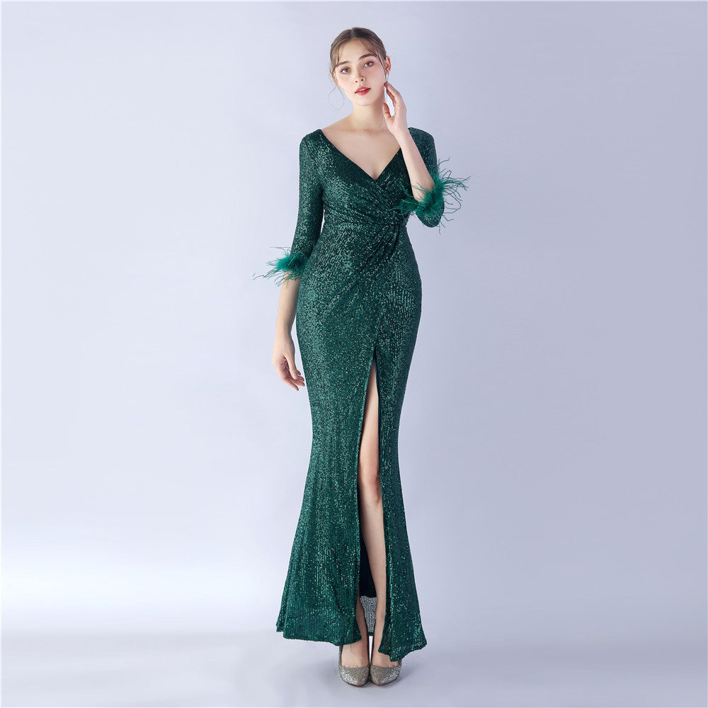 Sexy Feather Sequined Long-Sleeved Evening Dress 10