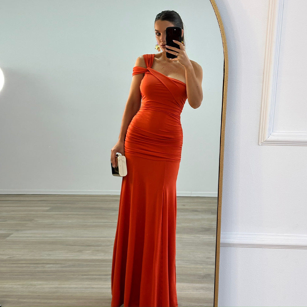 Summer Trendy Sexy Slash-Shoulder Slit Solid Color Ruched Sleeveless Maxi Dress 6