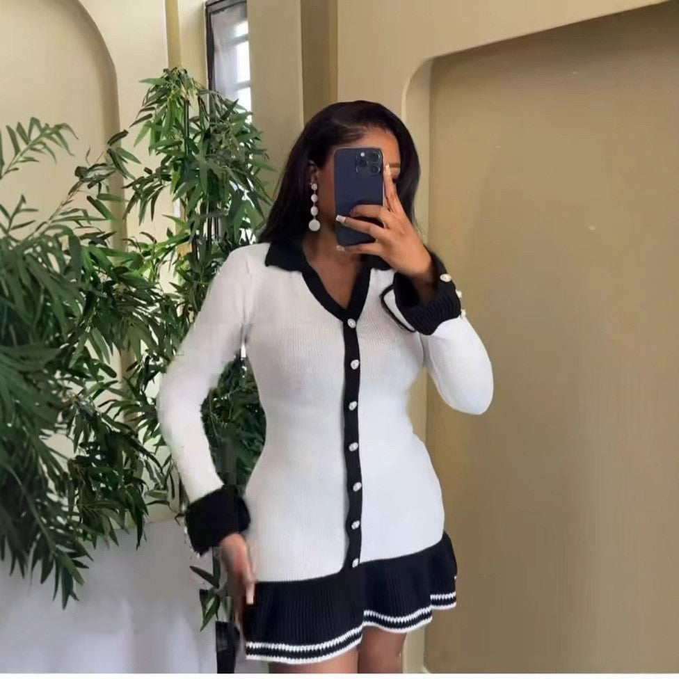 Ruffle Slim V-Neck Knit Long Sleeve Sexy Elegant Dress 3