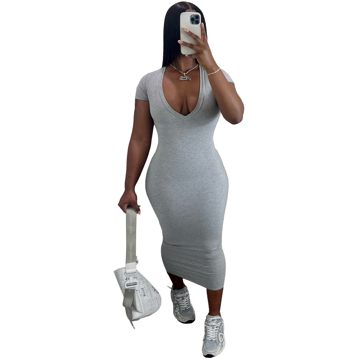 Fashion Solid Color Casual Fashion Sexy Deep V Ribbed Dress