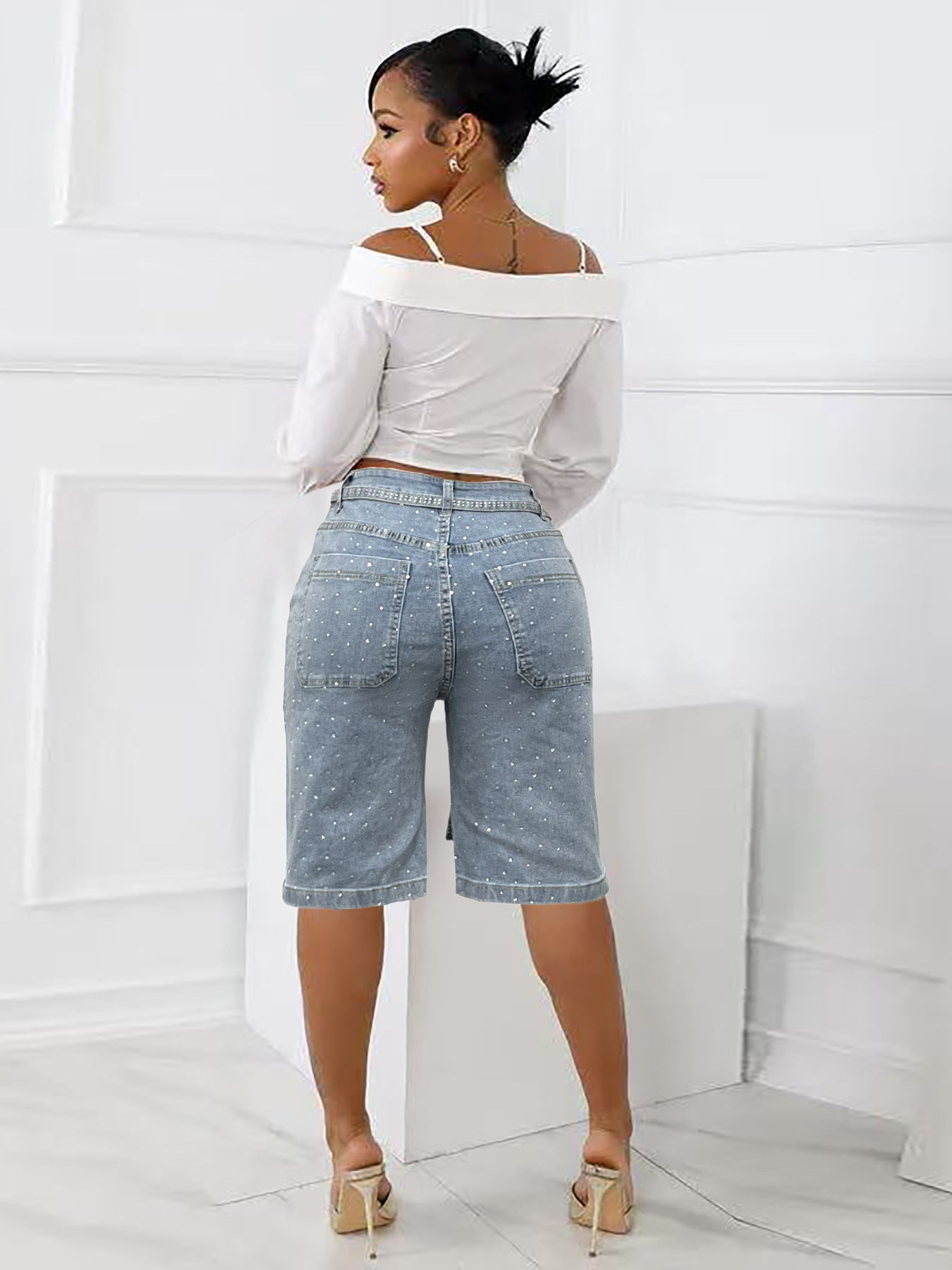 Spring Summer women's loose beaded midi denim pants with belt 4