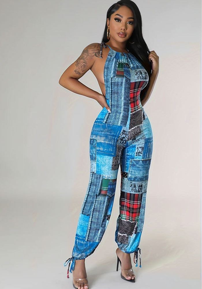 Women printed drawstring suspender jumpsuits