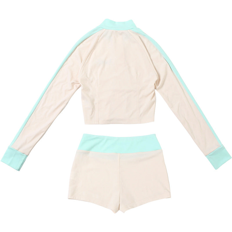 Women Fall Stand Collar Contrast Letter Embroidered Zipper Top and Shorts Two-Piece Set 23