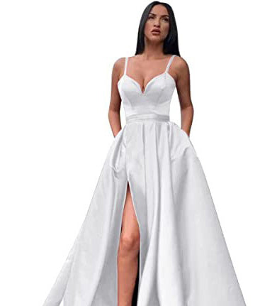 Sexy Solid Colo Strap Slit Prom Dress Beach Weddings Gowm（Processing time need 3-6 days）