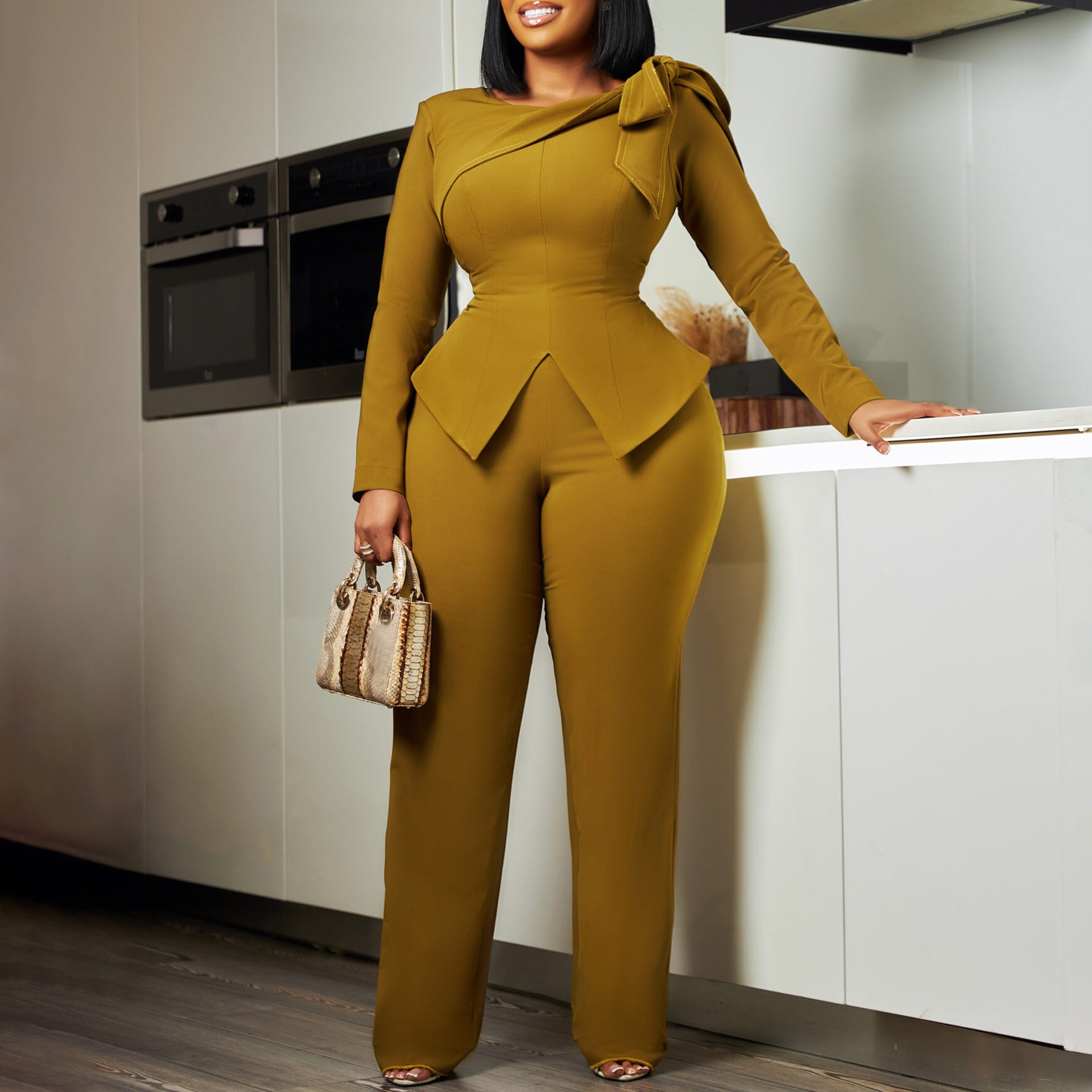 Fashion Women's Winter Fashion Chic Solid Color Long-Sleeved Top Pants African Suit 8