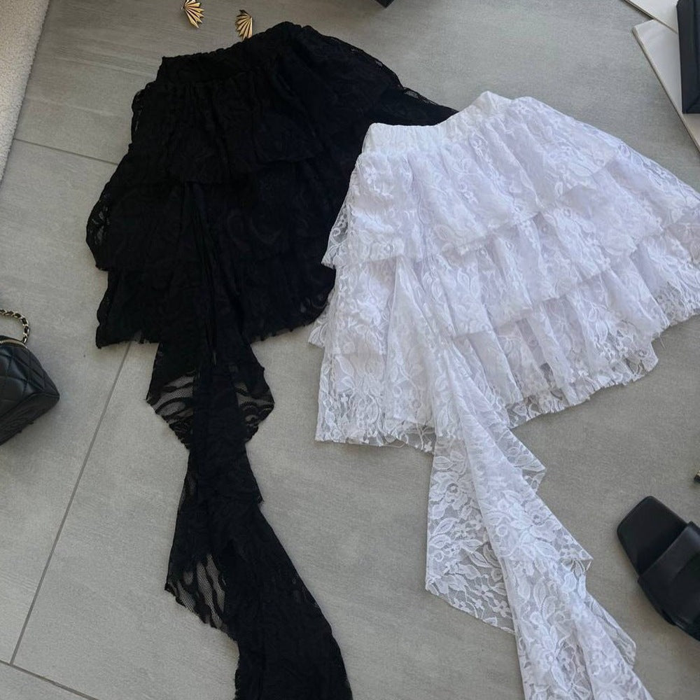 Women lace cascading ruffles irregular solid skirt 10