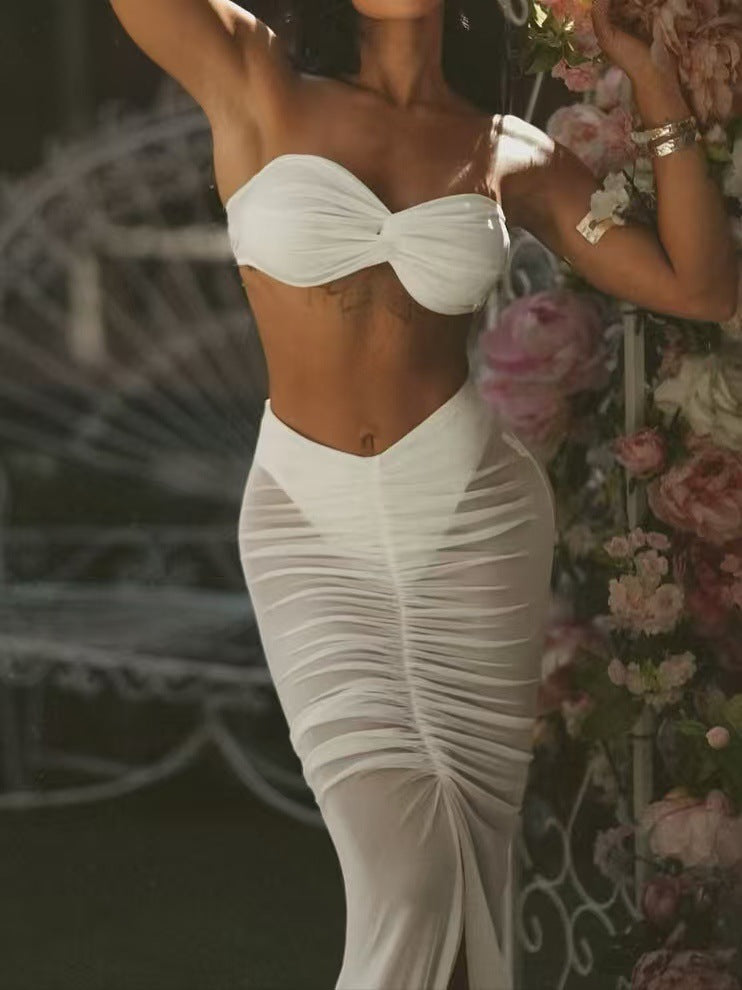 Women Summer Halter Corset See-Through Mesh Patchwork Slit Skirt Two-Piece Set 3