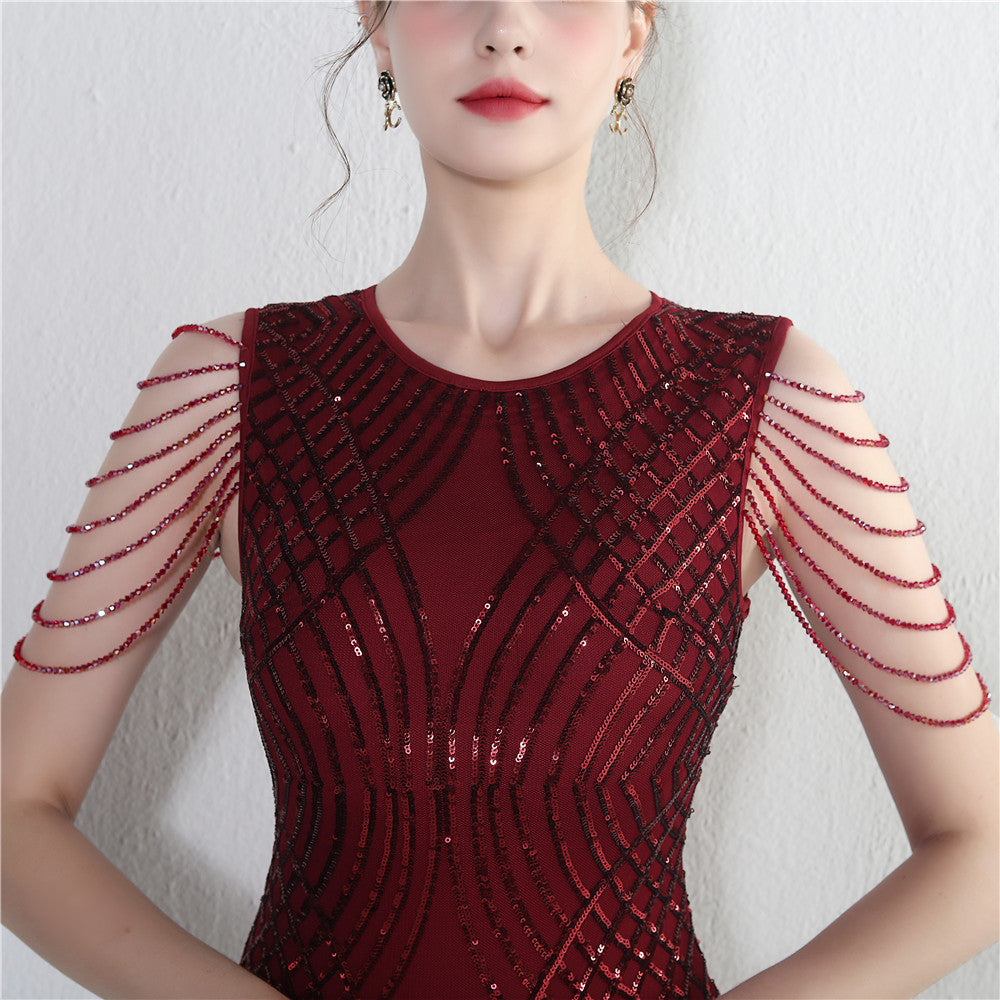 Decorative Crystal Diamond Chain Sequin Embroidery Stripe Positioning Flower Dinner Ceremony Long Evening Dress 26