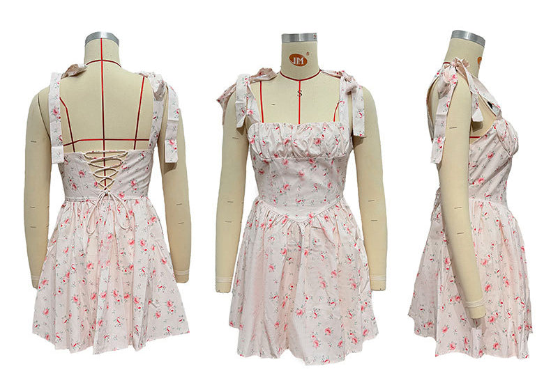 Summer WomenŸ??s Square Neck High Waist Pleated Bow Strap A-line Dress 6