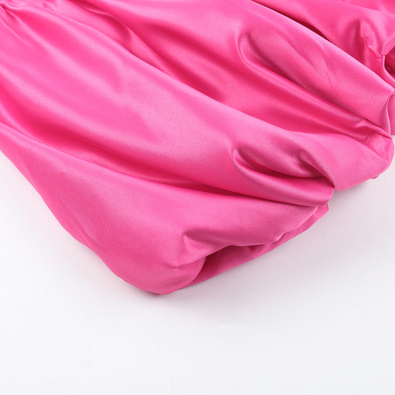 Autumn Fashion Women's Chic Slim Patchwork Satin Strapless A-Line Dress 9