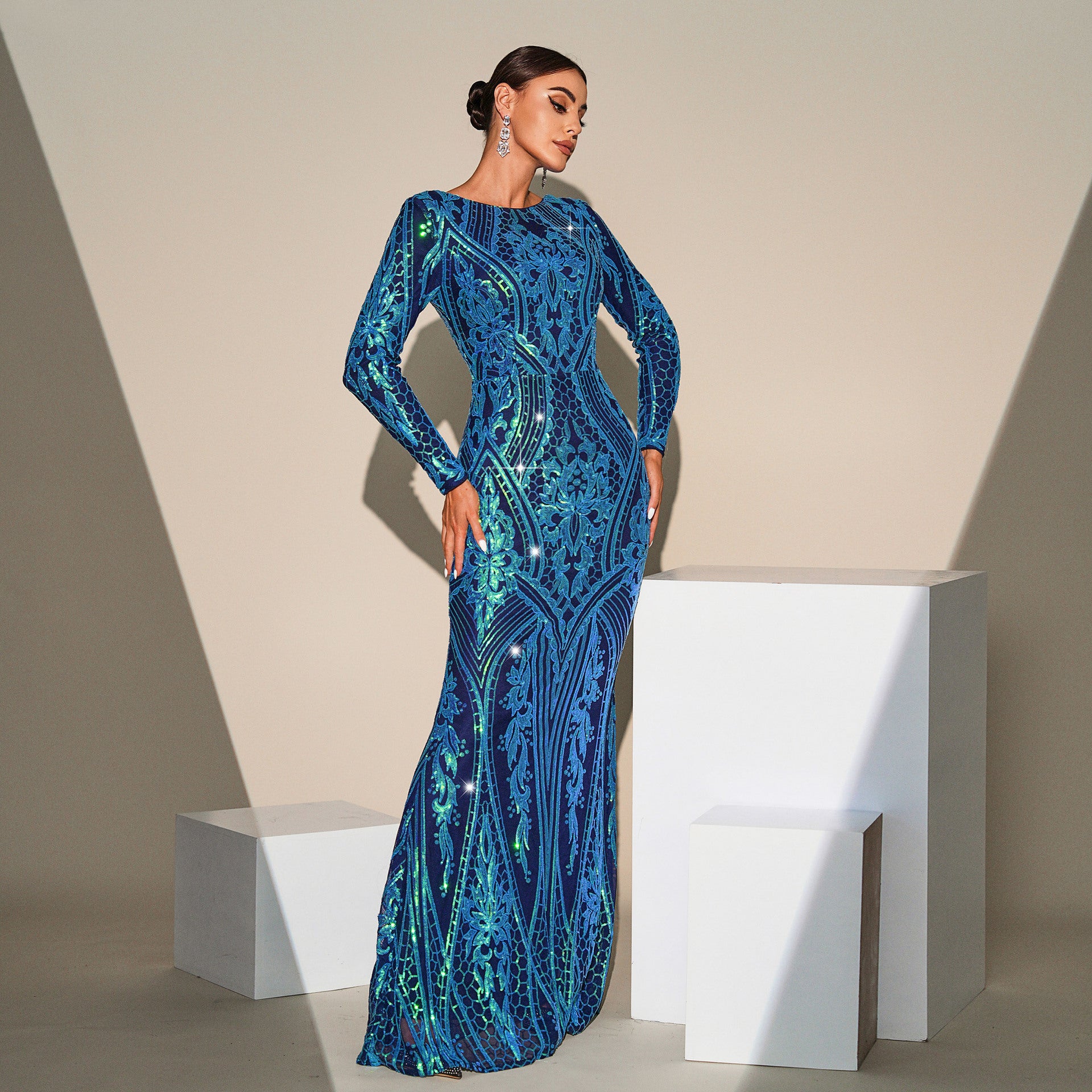 Long Sleeve Round Neck Sequin Mesh Formal Party Evening Gown Long Bridesmaid Dress 3