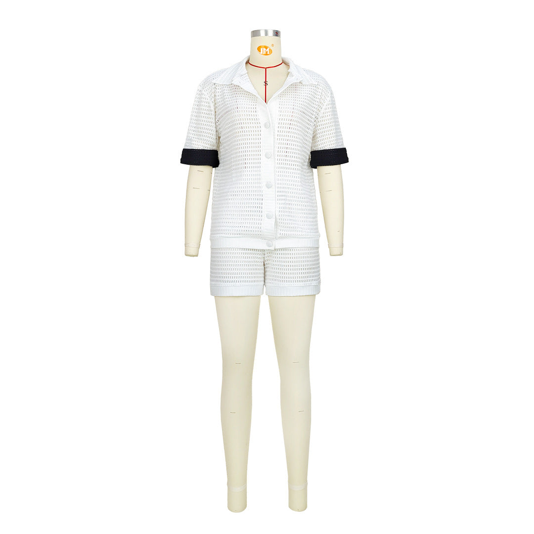 Women Solid Button Short Sleeve Top and Short Two-Piece Set 11