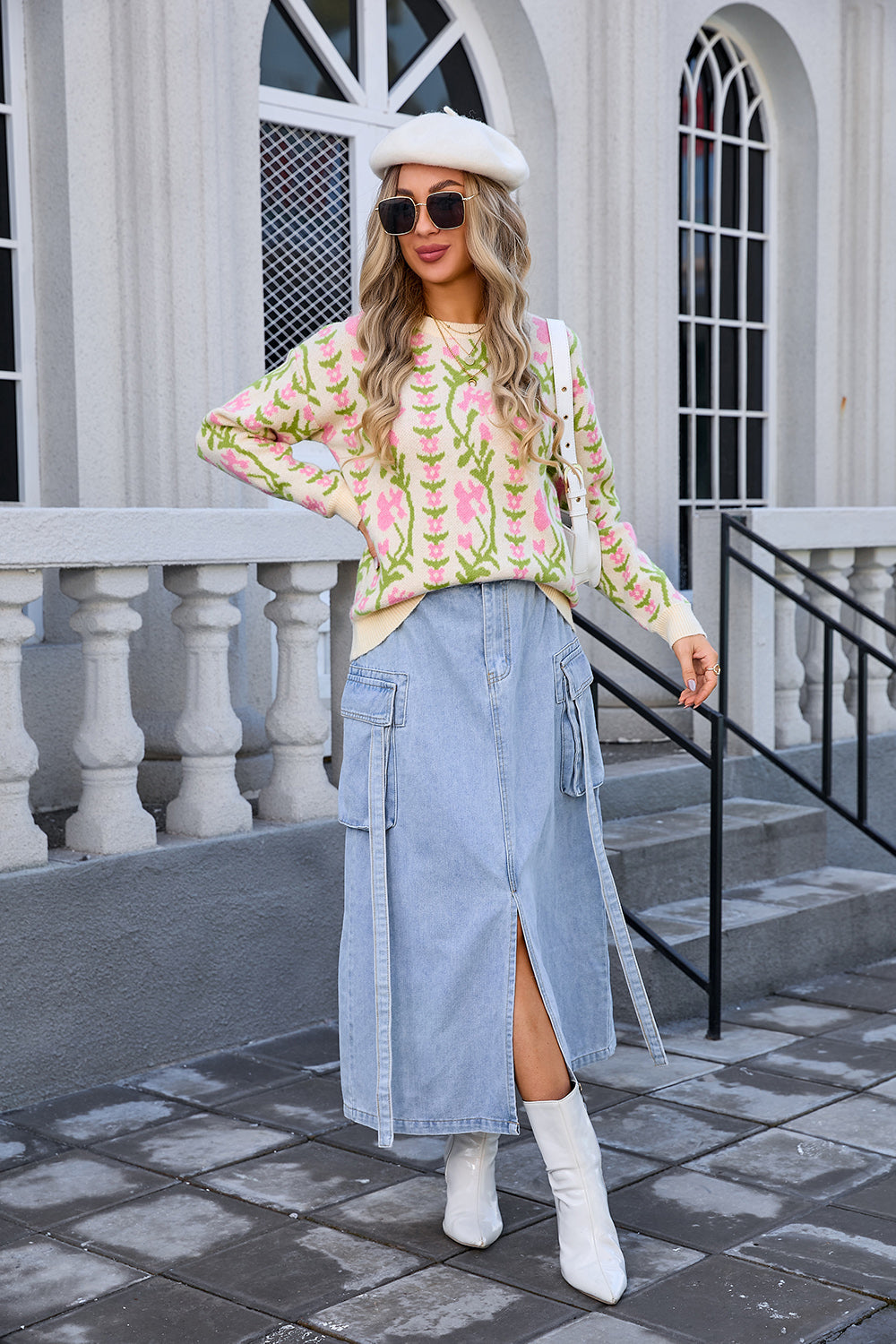 Women Jacquard Branch Round Neck Floral Sweater 34