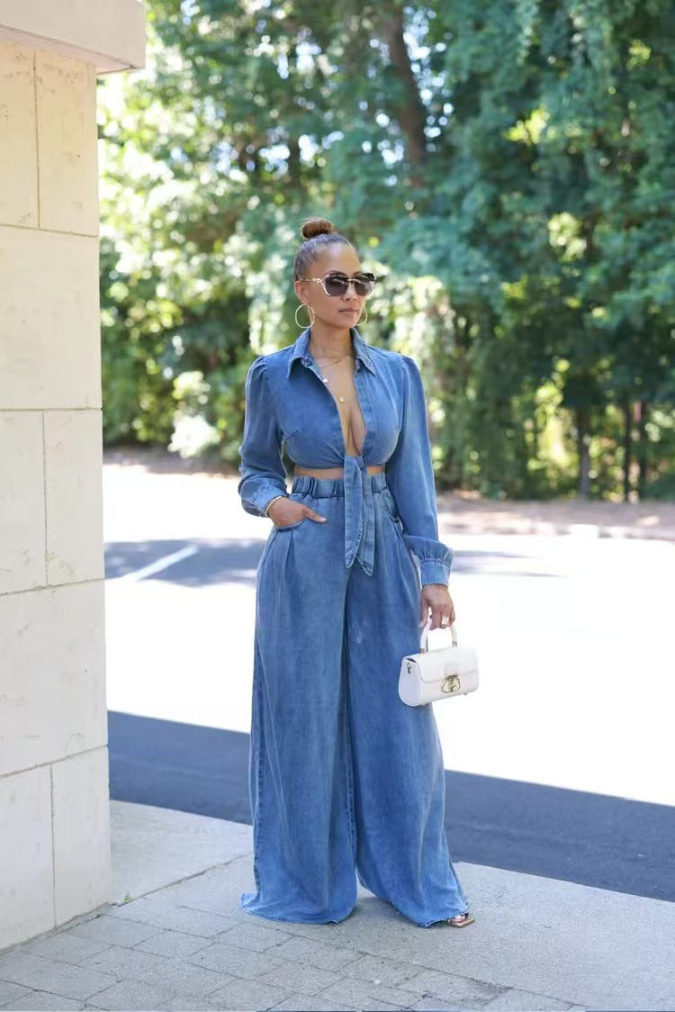 Women Casual Top and wide-leg pants Denim two-piece set 4
