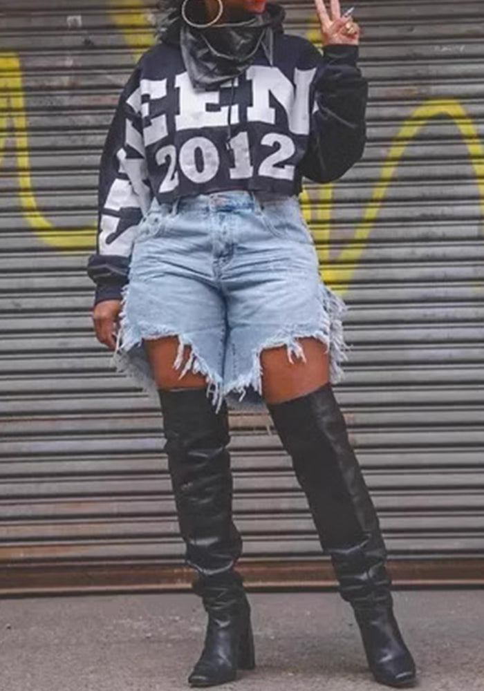 Summer Women's Tassel Ripped Denim Knee-Length Shorts