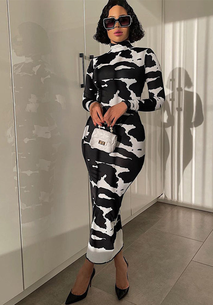 Women's Spring Autumn Fashion Print High Neck Long Sleeves Slim Fit Dress