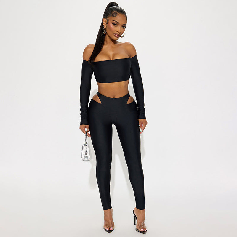 Women's Autumn Off-Shoulder Crop Top & High-Waist Hollow Out Pants Set 5