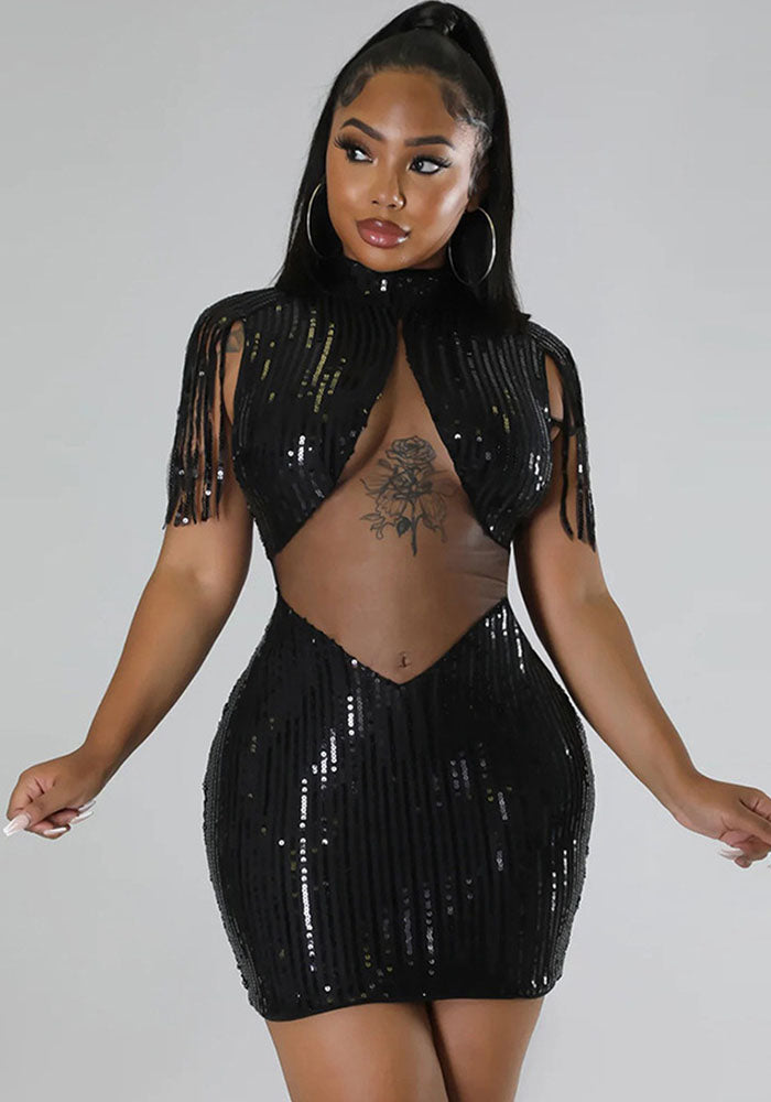 Women Tassel Sequin Sexy Hollow Bodycon Dress