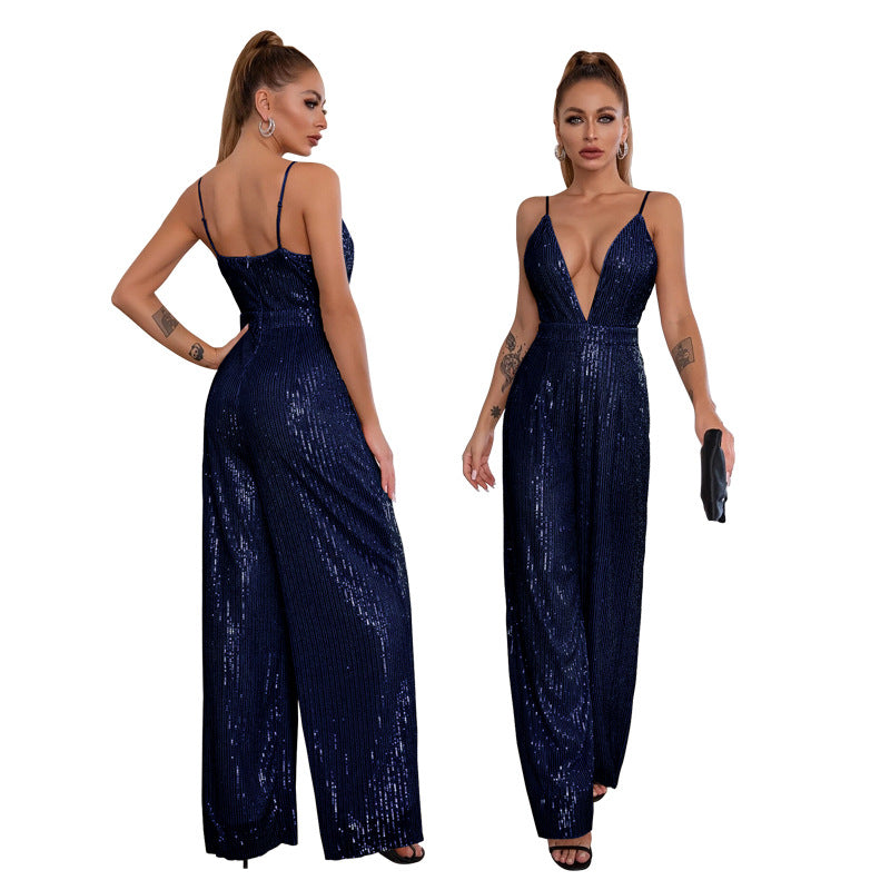 Deep V Neck Low Back Sleeveless Chic Sequined Straps Elegant Women's Party Jumpsuit 13