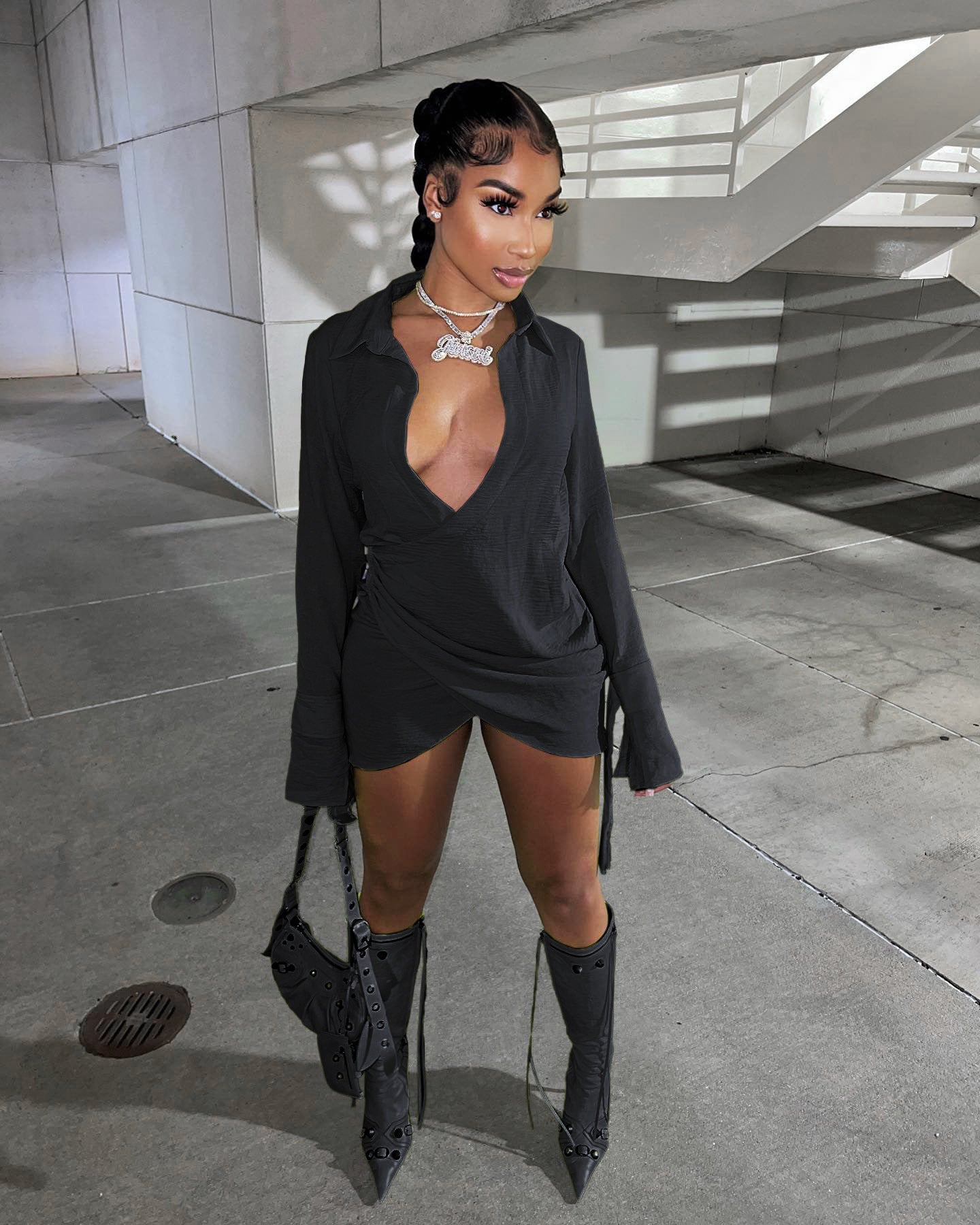 Fall Women Sexy Pleated Crossover Shirt Dress 12