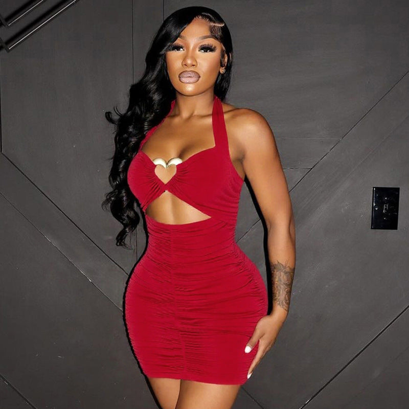 Women’s Heart Print Metal Embellished Halter Neck Low Back Cutout Bodycon Mini Dress