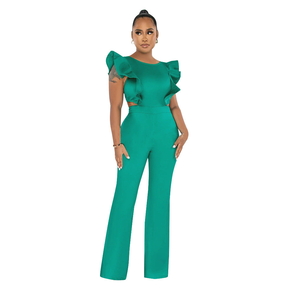 Women Summer Ruffle Round Neck Solid Jumpsuit 13