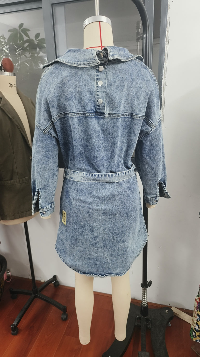 Autumn Denim Turndown Collar Long Sleeve Single Breasted Slim Fit Belt Fashion Denim Dress 10