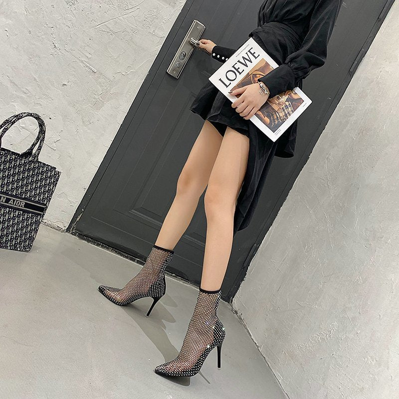 Sandals Women's High Heels Early Autumn Sexy Pointed Thin Heel Mesh Socks Hollow out Rhinestone Socks Boots Short Boots Cool Boots 9