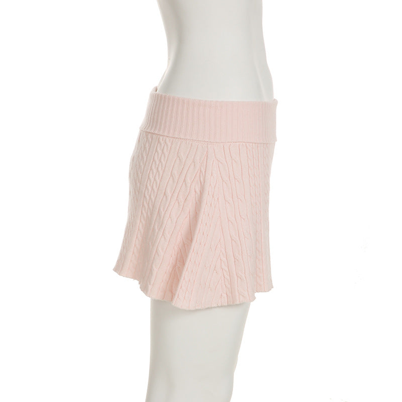 Spring Sweet Pink Turned Waist Elastic Woolen Mini Skirt 7