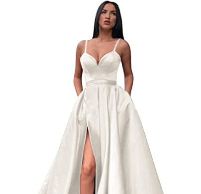 Sexy Solid Colo Strap Slit Prom Dress Beach Weddings Gowm（Processing time need 3-6 days） 3
