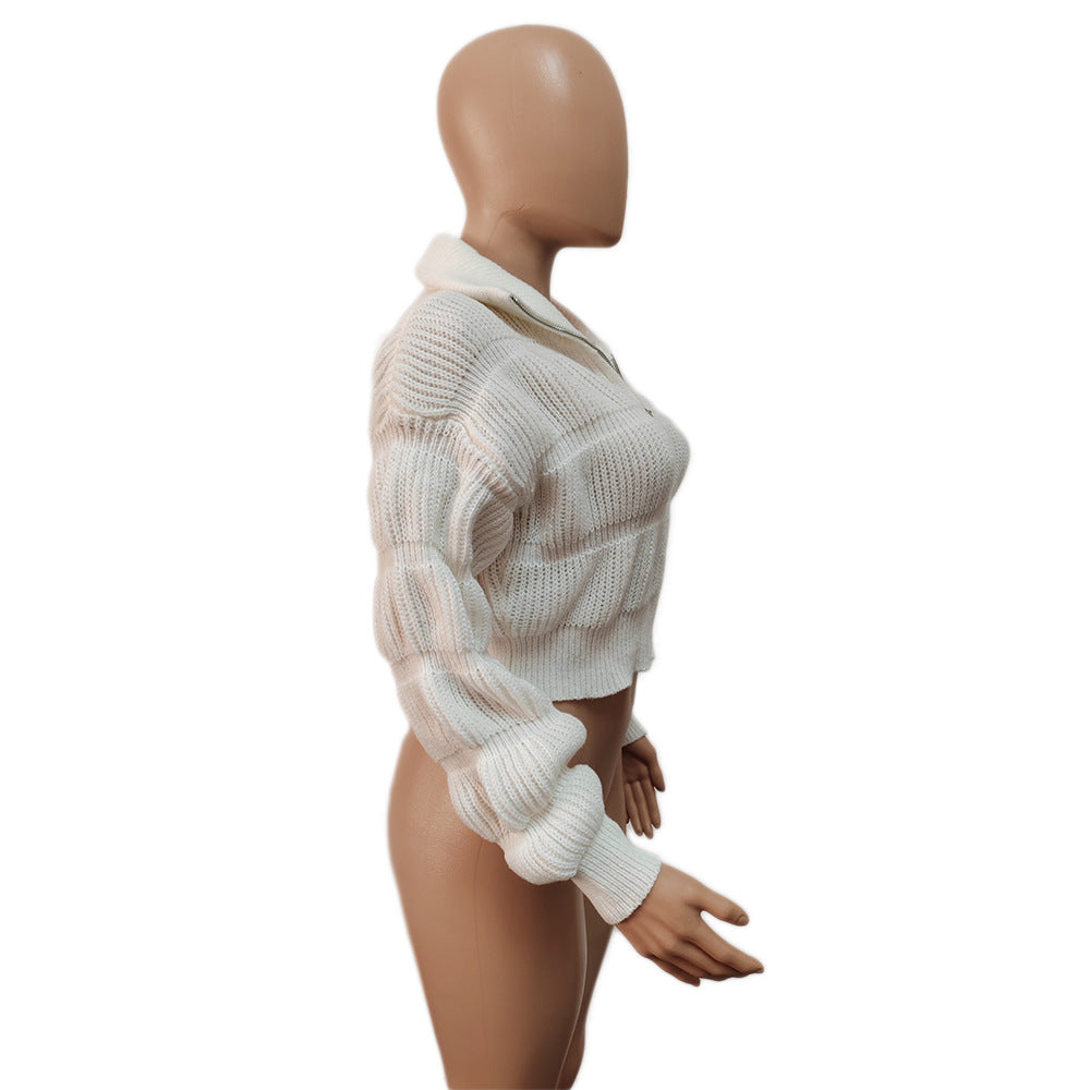 Women loose lantern sleeves Ribbed cuffs zipper sweater 16