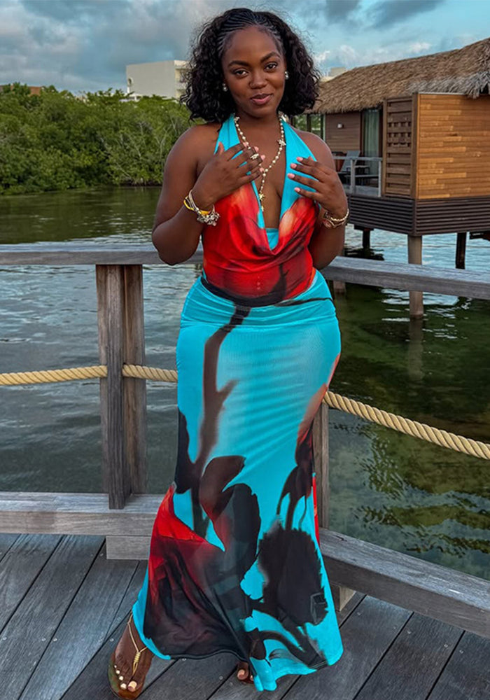 Fashion Printed Casual Ruched Halter Neck Draped Low-Back Long Dress