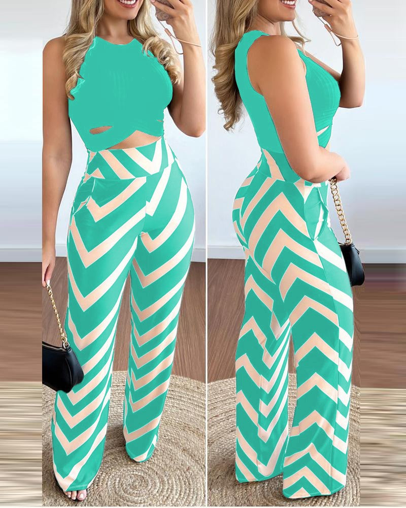 Spring Print Sleeveless Tank Wide Leg Pants Fashion Casual Two Piece Suit 12