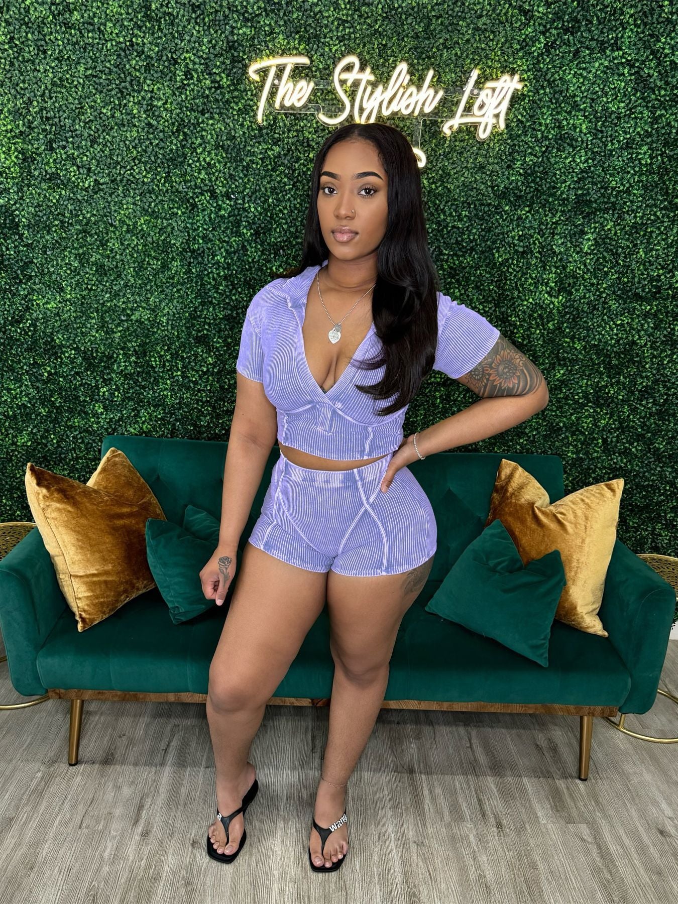 Women's Turndown Collar Deep V Short Sleeve Cotton Ribbed Top Shorts Two Piece Set 4