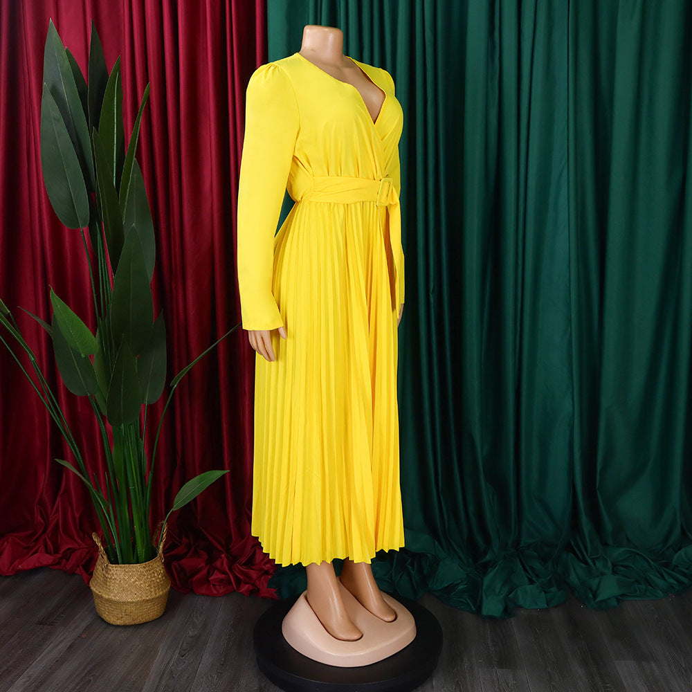 V-Neck Chic Elegant Slim Waist Belted Pleated High Waist Plus Size Dress 25