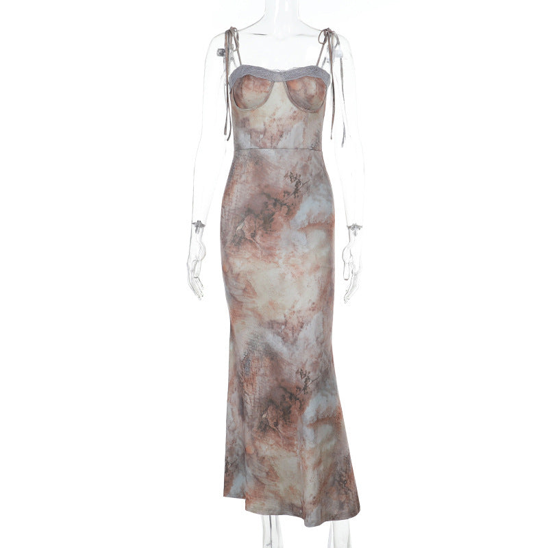 Women Spring Sexy Print Lace Strap Dress 6