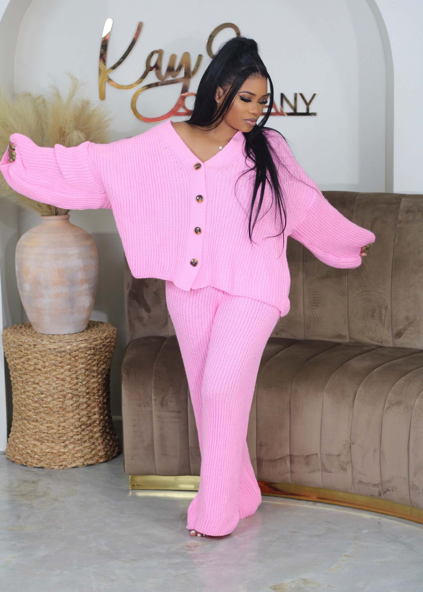 Women Fall/Winter Solidv-neck Button Top and Wide-leg Pants Sweater Two-piece Set 5