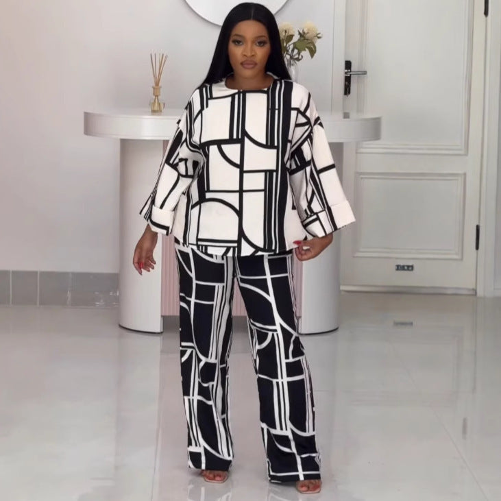 Printed Round Neck Long Sleeve Loose Top Straight Trousers Two-Piece Set 3