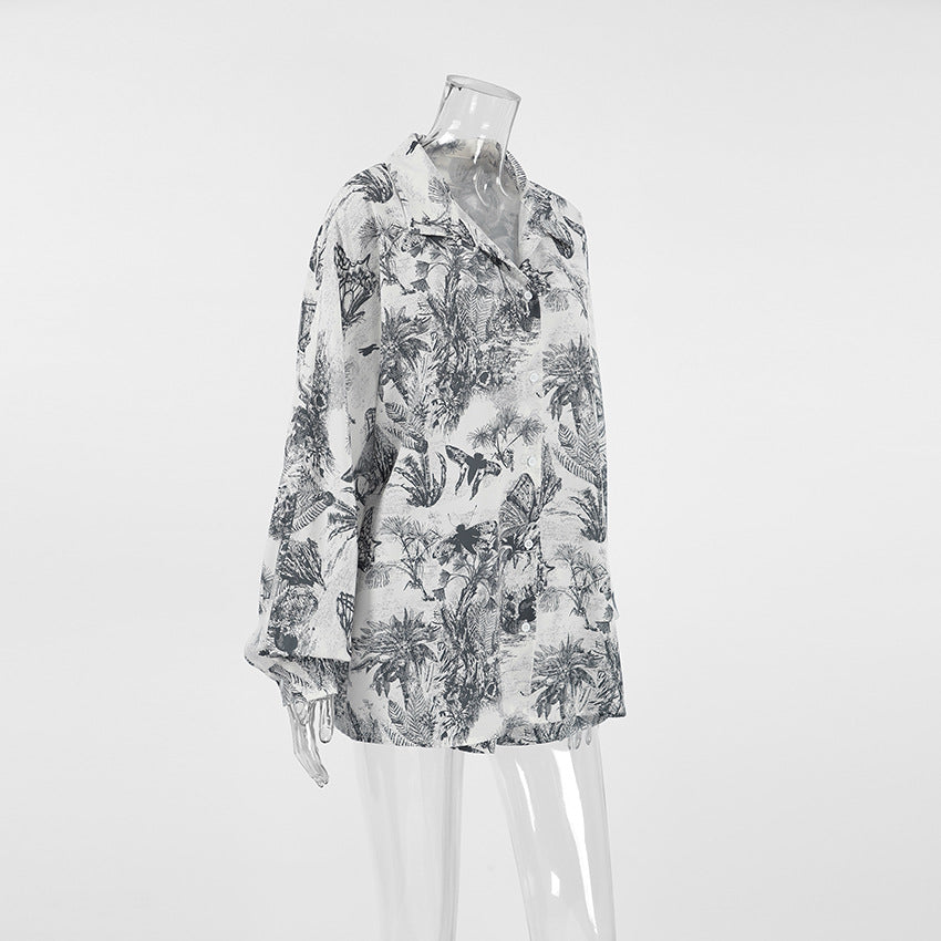 Women Spring Printed Top and Shorts Two-piece Set 6