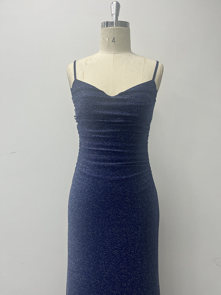 Women elegant suspender v-neck pleated shiny bright fishtail evening dress 9