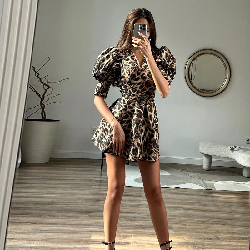 Women V-Neck Lace Leopard Princess Sleeve Dress 4