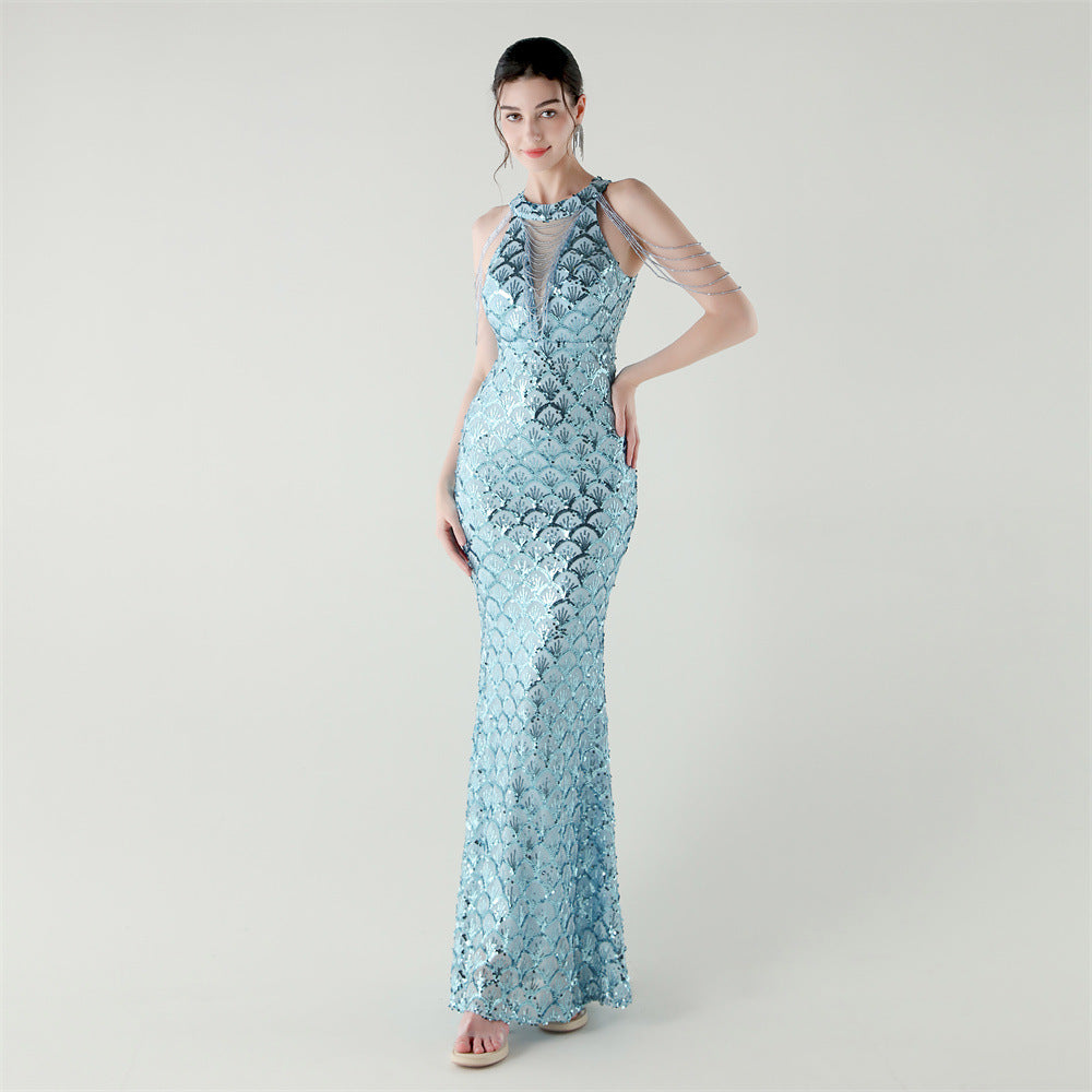 Elegant Chain-Decorated Fishtail Sequin Evening Dress for Formal Ceremonies 9