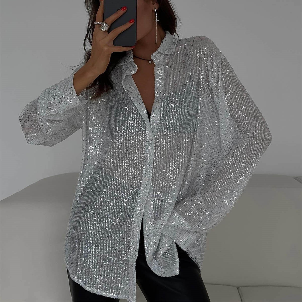 Spring Autumn Solid Color Sequin Casual Turndown Collar Loose Long Sleeve Blouse For Women 3