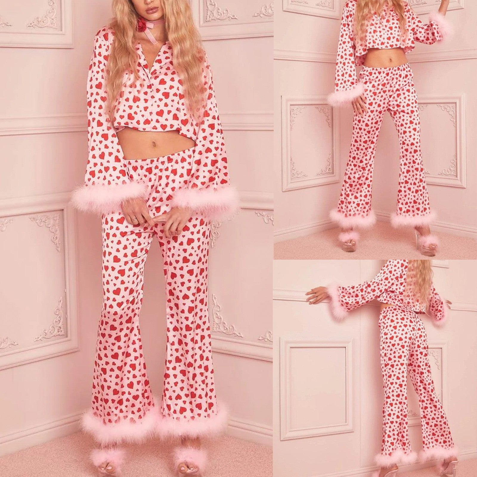 Heart Print Crop Two-Piece Button Fashion Furry Pajamas Set 3