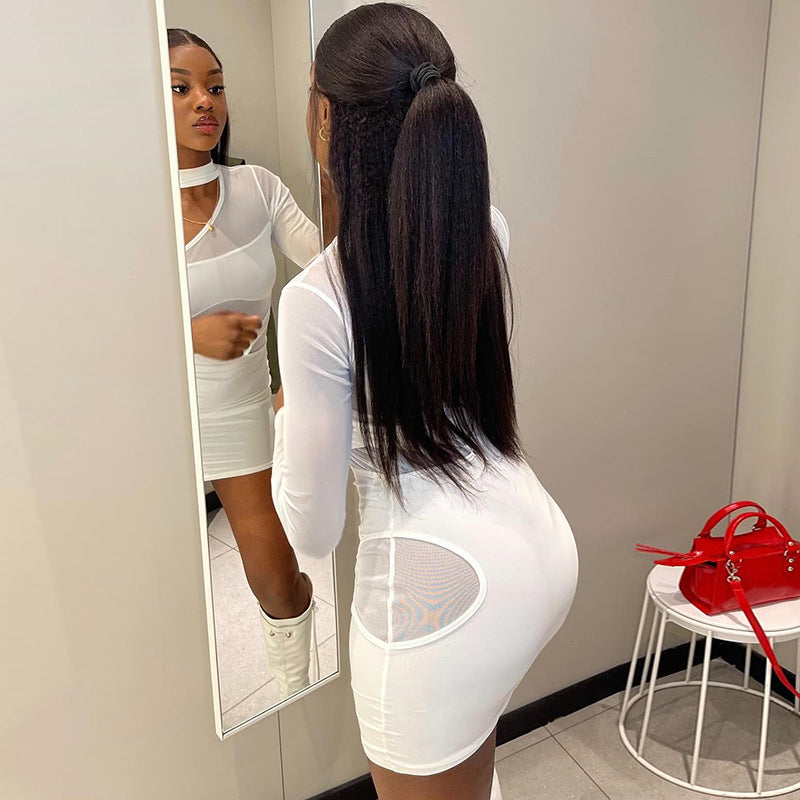 Women Solid Sexy Hollow Mesh Patchwork Bodycon Dress 4
