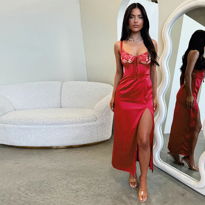 Autumn Chic Sexy Slim Satin Split Strap Long Dress 4