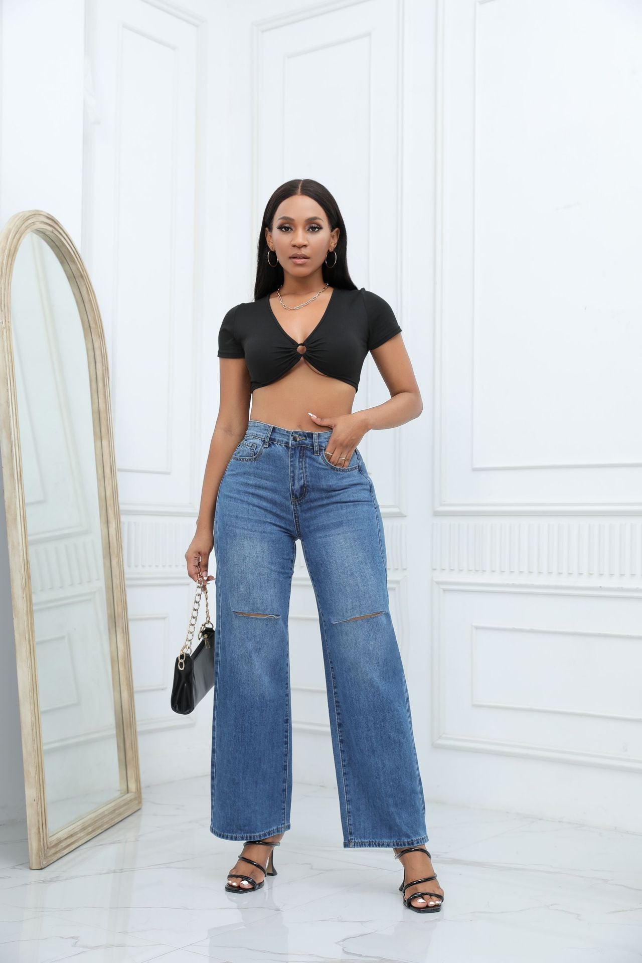 Jeans Blue Wide Leg Straight Denim Trousers 8
