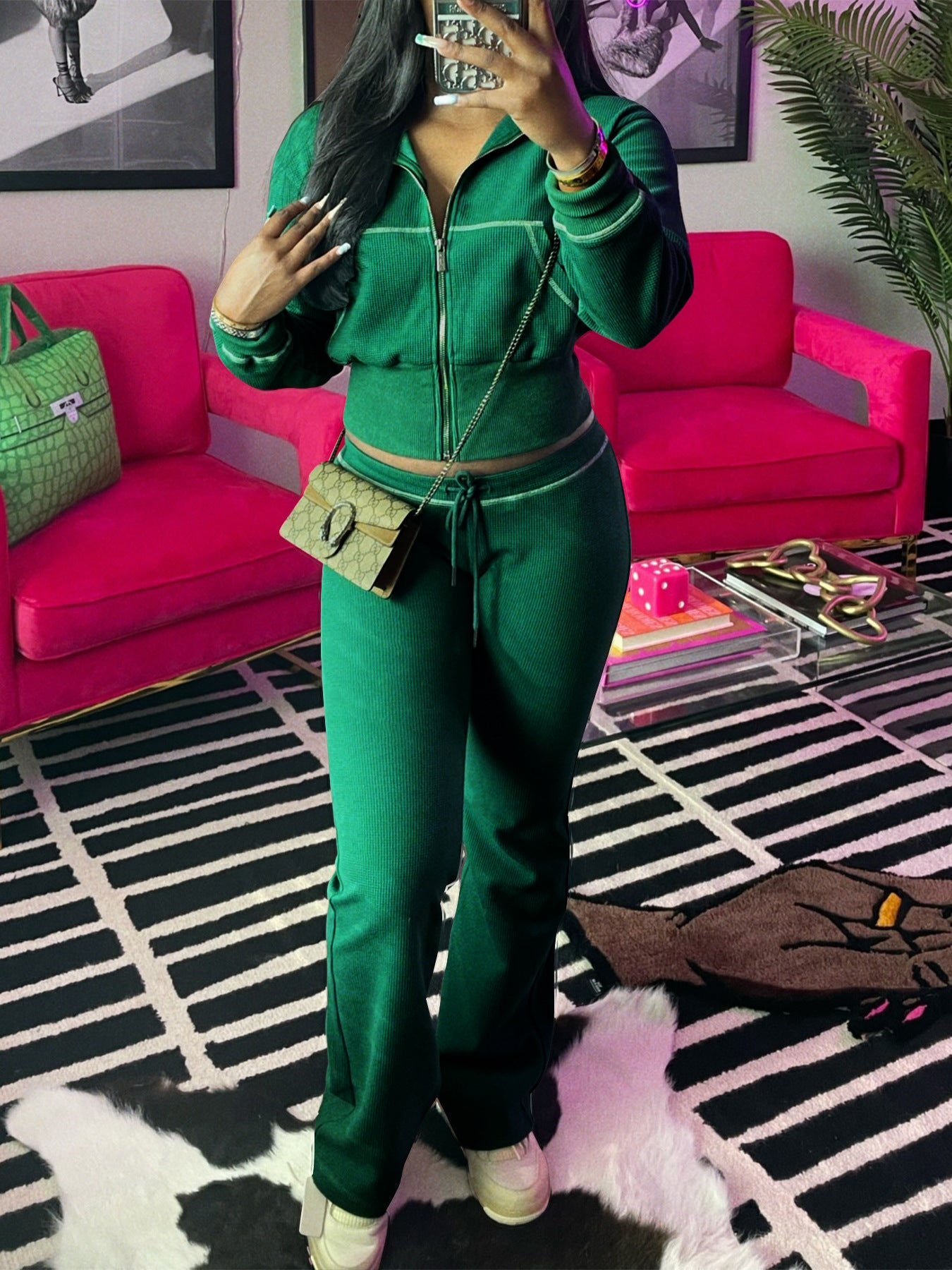 Women casual zipper long sleeve hoodies and pant two-piece set 6